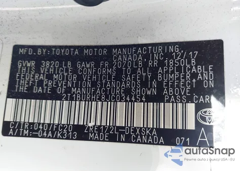 2018 Toyota Corolla Se from USA, damaged, VIN 2T1BURHE8JC034454